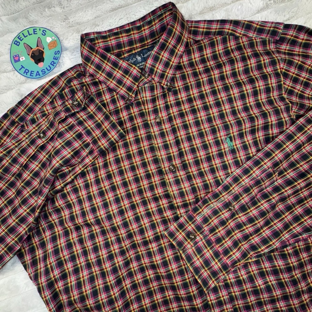 Ralph Lauren Large Classic Fit Button Down Long Sleeve Yellow Red Tartan Shirt